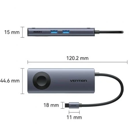 Vention TPMHB Hub USB-C Carga Inalámbrica 1xHDMI 4K 2xUSB 1xUSB-C PD Gris